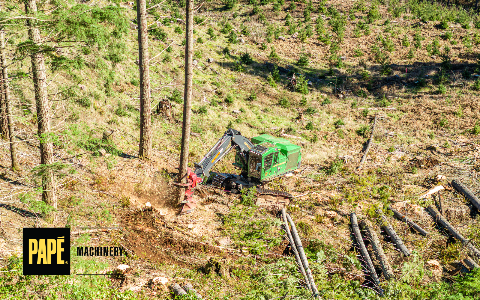 Forestry equipment reducing wildfire fuel loads during peak fire season to help protect forests, property, and access roads